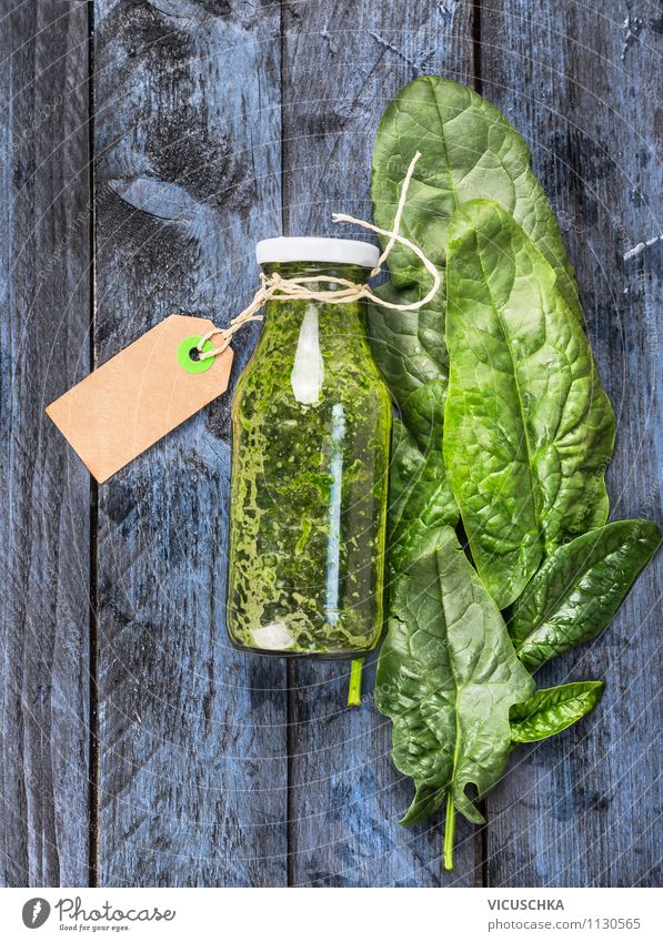 Green Spinach Smoothie on blue wood table Food Vegetable Lettuce Salad Herbs and spices Nutrition Organic produce Vegetarian diet Diet Beverage Juice Lifestyle
