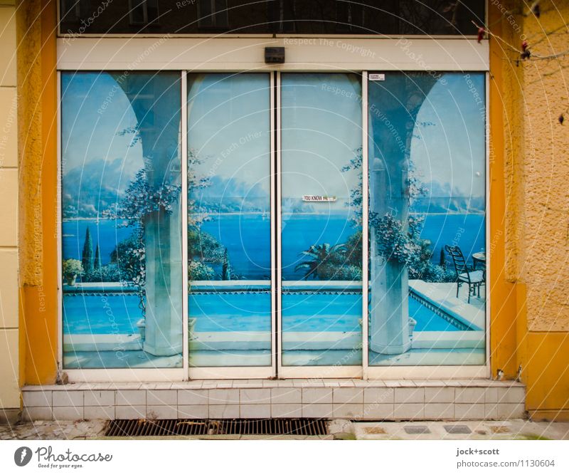 Push your dream of travelling Exotic Vacation & Travel Photo wallpaper Street art Ocean Southern Europe Storefront Sliding door Swimming pool Uniqueness Blue