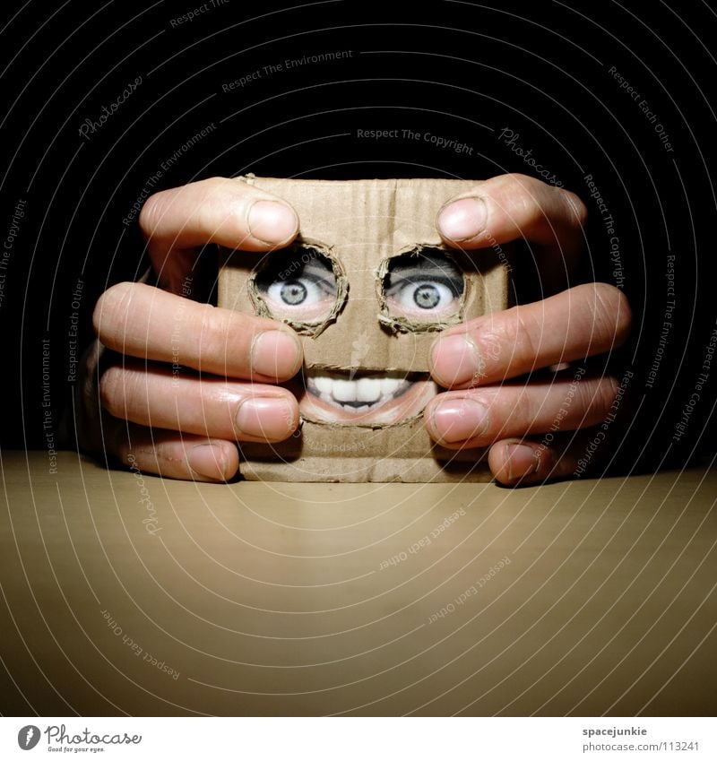 Living in a box (3) Man Cardboard Whimsical Humor Freak Square Glove puppet Toys Hand Table Joy Face Mask Hiding place Hide square skull Doll Table edge