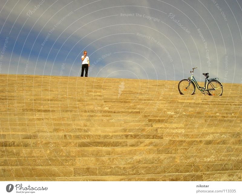 large question mark (original) Bicycle Man Clouds Yellow Gray Movement Blonde Dresden Beautiful weather Sky Stairs Human being Gold Blue Logistics