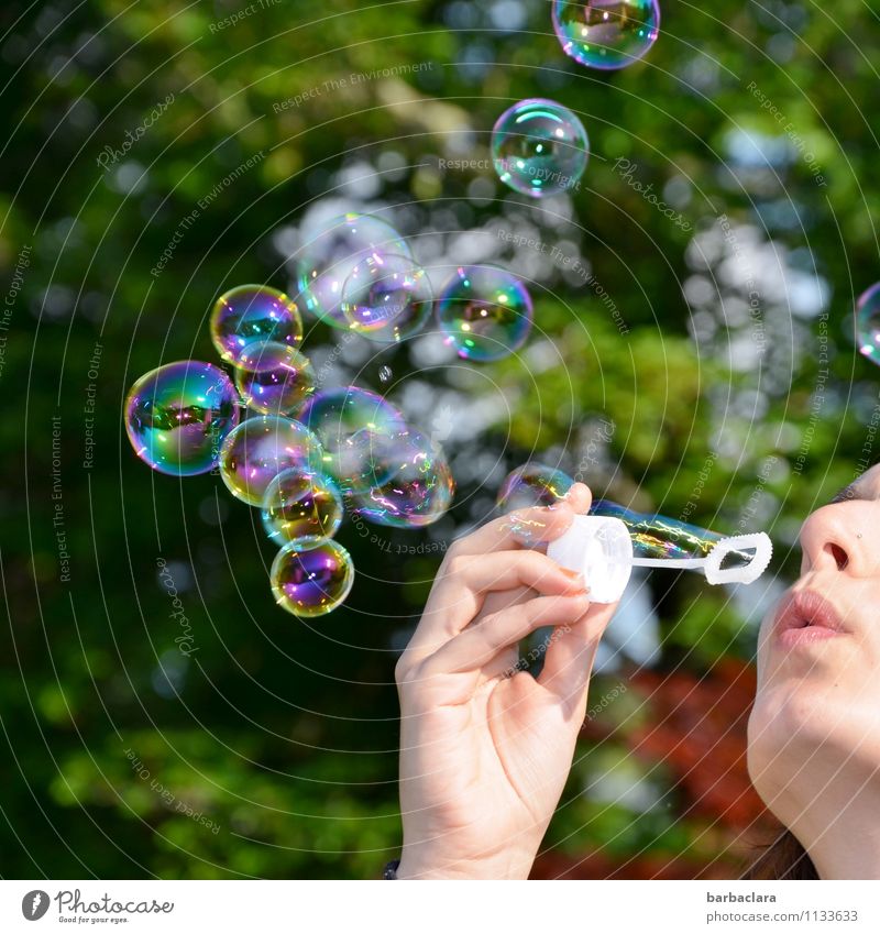 Childhood Memory | Soap Bubbles Feminine Young woman Youth (Young adults) Mouth Hand 1 Human being Tree Soap bubble Illuminate Glittering Round Multicoloured