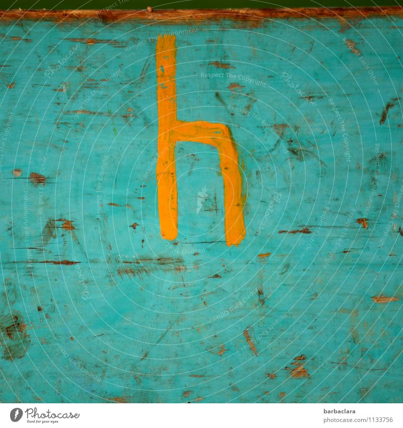 today Agriculture Forestry Trailer Wood Sign Characters H Old Orange Turquoise Esthetic Colour Art Transience Colour photo Exterior shot Detail Abstract Pattern