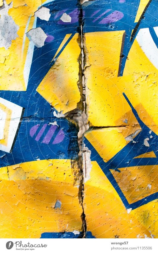 concrete pitting Wall (barrier) Wall (building) Graffiti Town Blue Multicoloured Yellow Rest of a wall wall hole wall openings Dye Concrete Concrete wall