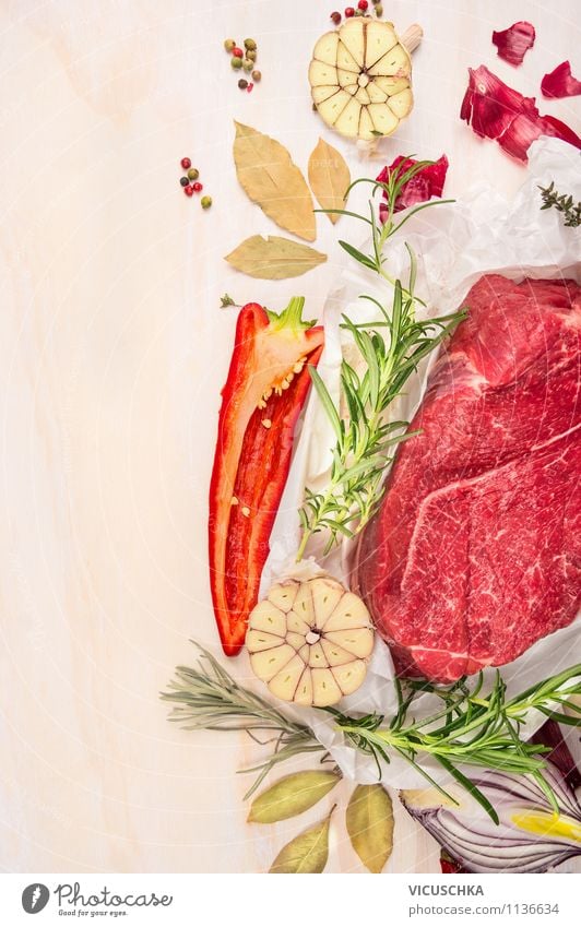 Raw beef meat with herbs and vegetables Food Meat Herbs and spices Nutrition Lunch Dinner Banquet Organic produce Diet Style Design Healthy Eating Life Table