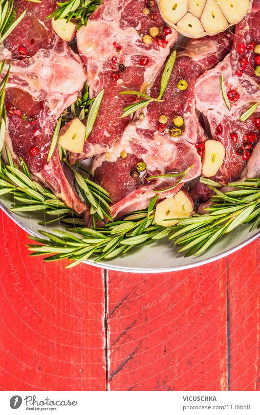 Marinate lamb cutlet with rosemary and garlic Food Meat Herbs and spices Cooking oil Nutrition Dinner Banquet Organic produce Diet Bowl Style Design