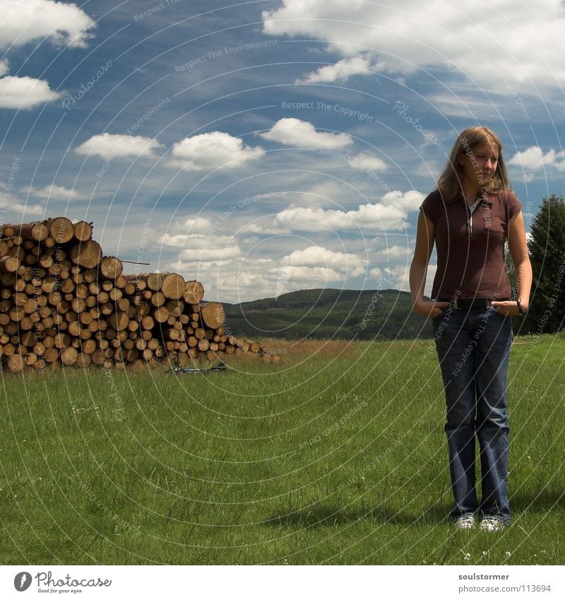 boredomly Woman Youth (Young adults) Wood Summer Clouds Pol-filter Hesse Lady Trouser pocket Boredom Stand Square Sweet Sunbeam Hill Mountain range Meadow Grass
