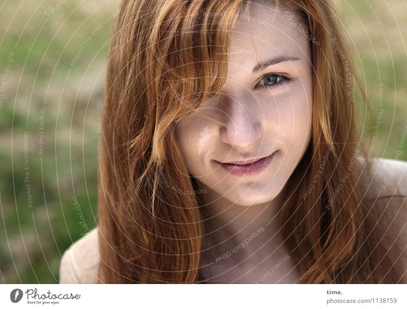 . Feminine Young woman Youth (Young adults) 1 Human being Jacket Red-haired Long-haired Observe Smiling Looking Illuminate Beautiful Happy Happiness Contentment