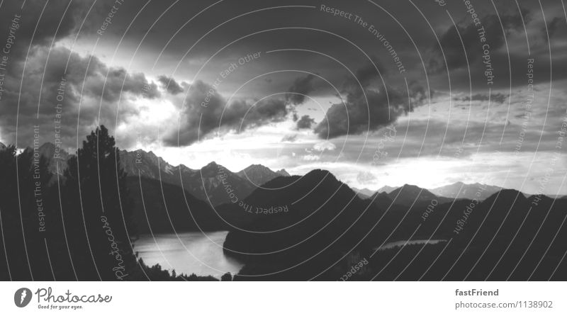 Behind the 7 mountains Landscape Elements Water Sky Clouds Storm clouds Gale Mountain Peak Lake Esthetic Adventure Bavaria Black & white photo Deserted Twilight