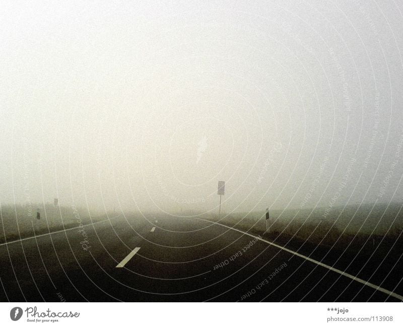 road to nowhere. Fog Winter Damp Mobility Gray Sky Road sign Street sign Driving Light Awareness Cold Transport Traffic infrastructure misty Perspective sight