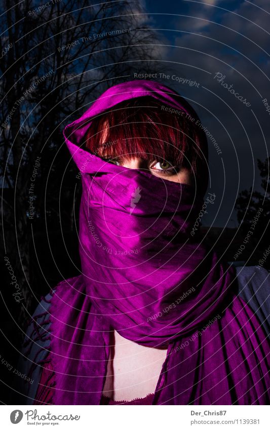 Masked at night Feminine Woman Adults 1 Human being Belly dance Scarf Headscarf Red-haired Short-haired Esthetic Threat Dark Beautiful Violet Bravery Secrecy