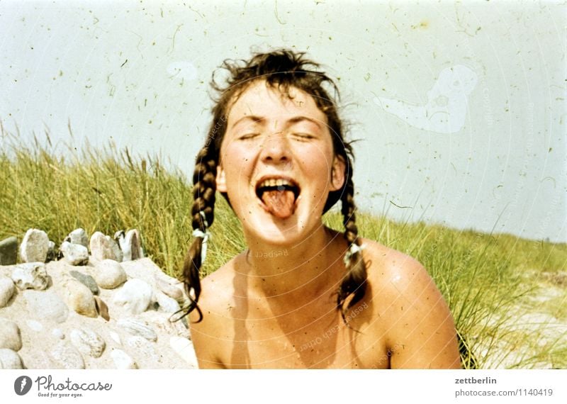 Edita, Baltic Sea, 1959 Woman Girl Young woman Face Tongue Mouth Closed eyes Eyes Nose Braids Hair and hairstyles Beach Summer Vacation & Travel Good mood Joke