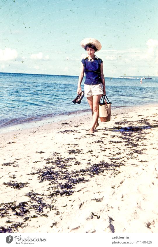 Ursel by the sea, 1959 Woman Young woman Hiking Beach Beach dune Beach facilities Sandcastle Tourist Vacation & Travel Sandy beach Ocean Baltic Sea Past