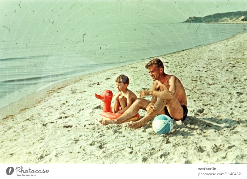 Hiddensee, 1966 Beach Vacation & Travel Sand Sandy beach Ocean Baltic Sea Past The fifties Sixties Human being Father Man Child Son Boy (child) Together