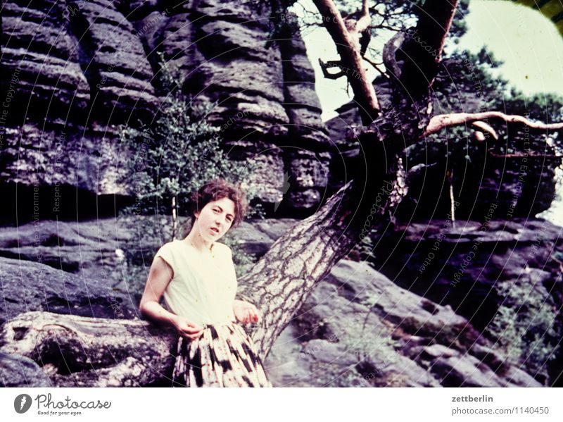 Ursel, Saxon Switzerland, 1958 Saxony Woman Young woman Hiking Vacation & Travel Past The fifties Sixties Human being Loneliness Individual Fashion Copy Space