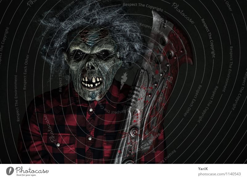 whatz up?! Human being Head 1 Threat Dark Creepy Anger Aggravation Defiant Bizarre Zombie Mask Axe Knives Sword Blood Shirt Checkered Evil Gray Red Wait