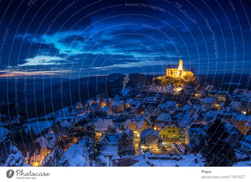 Gößweinstein at night Castle Manmade structures Roof Tourist Attraction Blue Yellow Belief Religion and faith Horizon Culture Vacation & Travel Far-off places