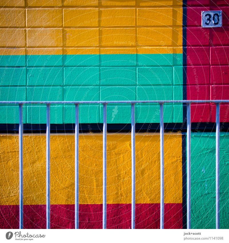 colourful 30 GDR Facade rail Decoration Line Stripe Structures and shapes Esthetic Sharp-edged Happiness Turquoise Uniqueness Inspiration Creativity