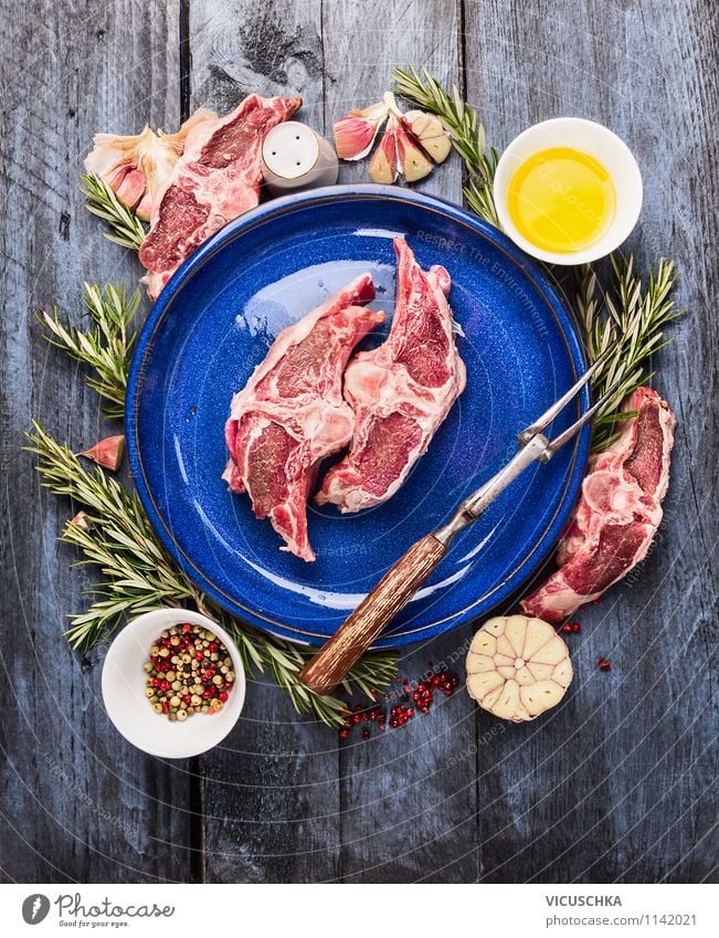 Saddle of lamb cutlet Preparation and Food Meat Herbs and spices Cooking oil Nutrition Dinner Organic produce Plate Bowl Fork Style Design Healthy Eating Life