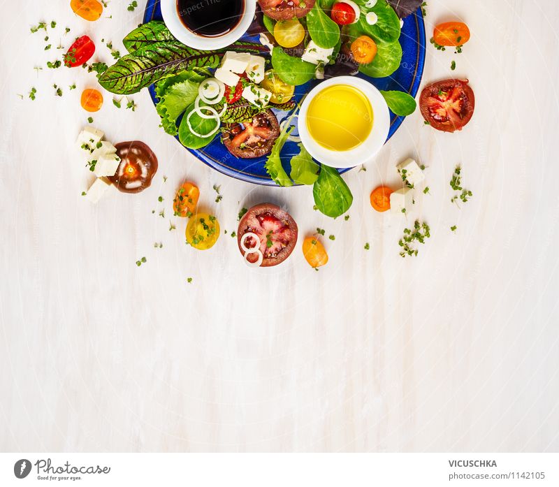 Colourful summer salad Food Dairy Products Vegetable Lettuce Salad Herbs and spices Cooking oil Nutrition Lunch Organic produce Vegetarian diet Diet