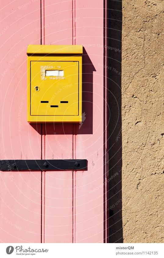 Retro mail. Art Esthetic Design Facade Mailbox Card Yellow Box Door Pink Crazy Contrast Geometry Symmetry Colour photo Multicoloured Exterior shot Close-up