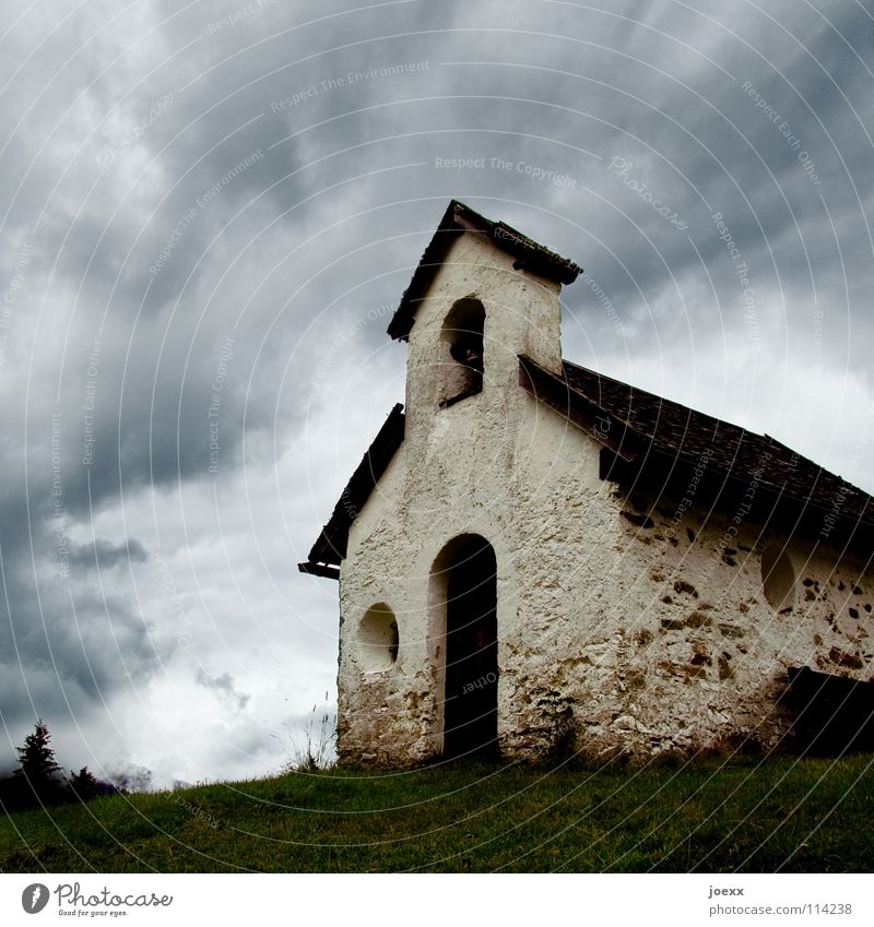 Last Prayer Go up Bad weather Village church Dramatic Narrow Religion and faith Bell Grass House (Residential Structure) Hill Catholicism Small Rain Rose window