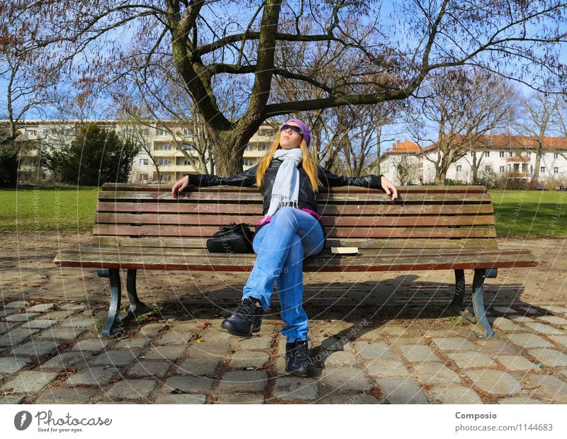 Woman enjoys sun on park bench Joy Harmonious Well-being Contentment Relaxation Calm Leisure and hobbies Feminine Young woman Youth (Young adults) Adults Life 1