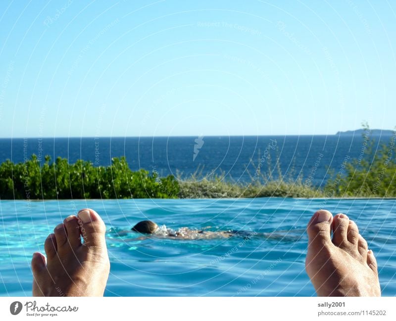 measure... Relaxation Swimming & Bathing Summer vacation Sunbathing Human being Feet 2 Cloudless sky Sunlight Beautiful weather Ocean Lie Maritime Naked Wet