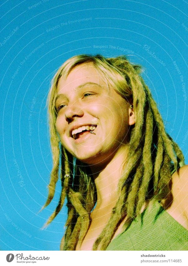 Laughin' loud Woman Dreadlocks Blonde Hair and hairstyles Reggae Style Alternative Portrait photograph Whim Good Happiness Brilliant Human being Laughter funky