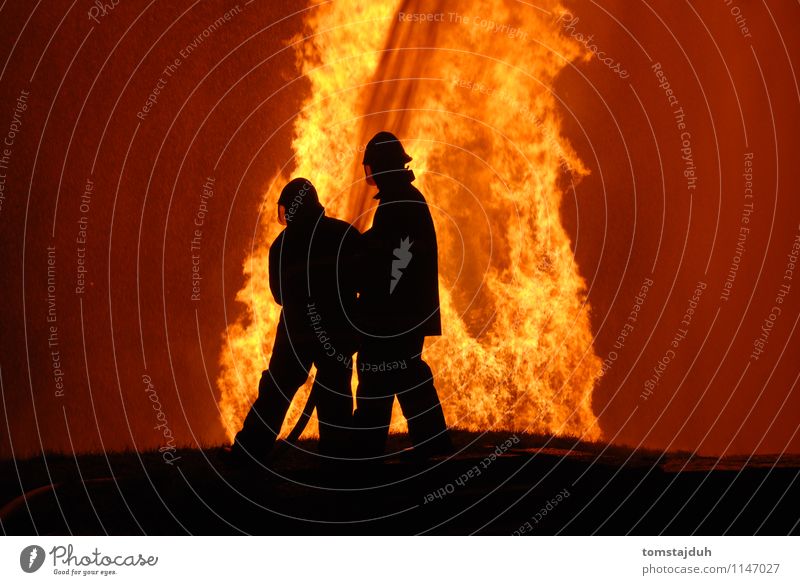 firemen at work Profession Man Adults Hot Tall Safety Fireman flame Blaze burn big huge danger hazard risk lethal protect service Public water spray Hose