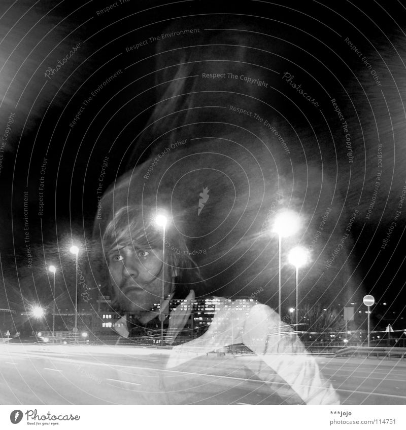 over my head. Long exposure Virgin Mary Man Transport Highway Night Town Street lighting Lantern Self portrait Transparent Youth (Young adults)