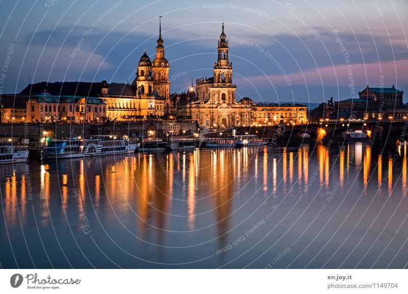 deceptive calm Vacation & Travel Tourism Trip Sightseeing City trip Night life Night sky River Elbe Dresden Saxony Germany Town Old town Skyline Church Tower