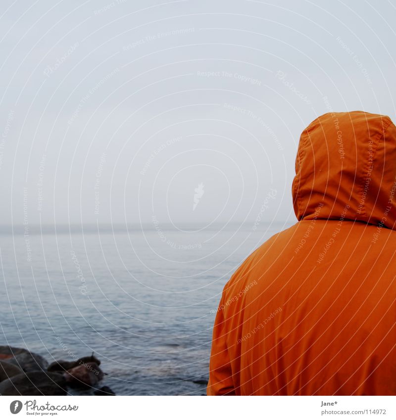 in the immediate distance Gray Jacket Hooded (clothing) Horizon Lake Ocean Waves Coast Beach Surf Hissing Sky Simple Minimal Empty Fog Cold Horizontal Square
