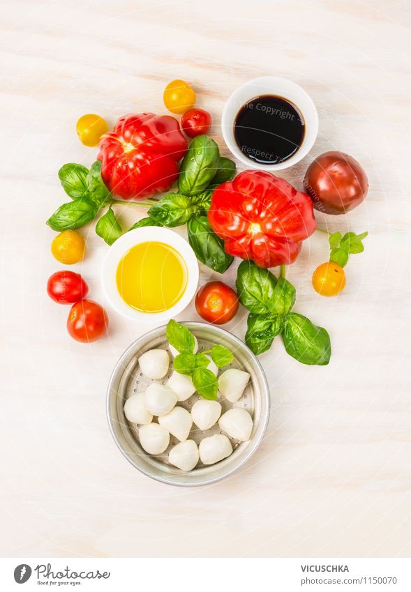 tomatoes, mozzarella, oil, balsamic vinegar and basil Food Cheese Vegetable Lettuce Salad Herbs and spices Cooking oil Nutrition Lunch Picnic Organic produce