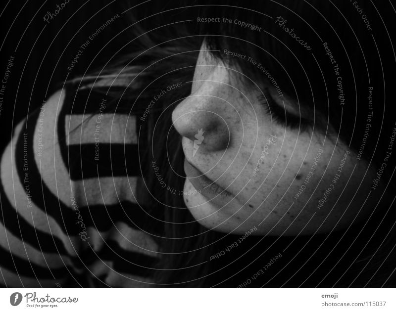 Janine Freckles Black White Gray Gloomy Think Sweater Striped Woman Bird's-eye view Portrait photograph Feminine Youth (Young adults) Beautiful Grief Thought