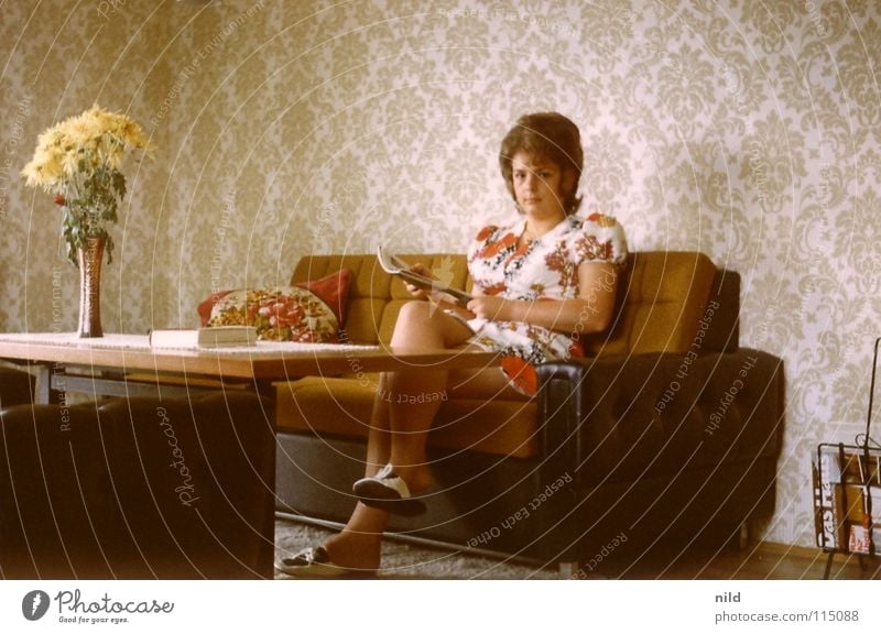 Oh, back then... (2) Flat (apartment) Seventies Hippie Flowery pattern Wallpaper Flower vase Still Life Tasty Woman Dress Mini skirt Shuffle Hair and hairstyles