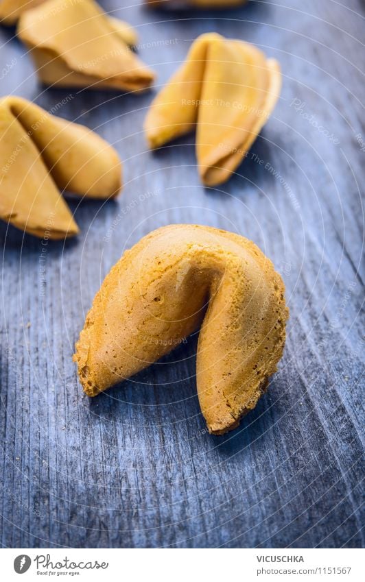 Fortune cookies on blue wooden table Dessert Nutrition Asian Food Lifestyle Style Design Joy Event Restaurant Eating Background picture Chinese Communication