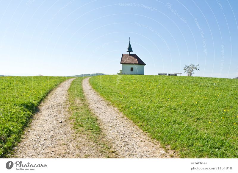 Chapel further away Environment Nature Landscape Cloudless sky Beautiful weather Bushes Meadow Hill Blue Green Church Bench Lanes & trails Pasture