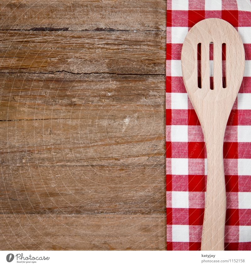 wooden spoon Wooden spoon Spoon Old Cutlery Tablecloth Wooden board Kitchen Red Wooden table Checkered Household Tool Cook Dish Fork Food White Brown Retro