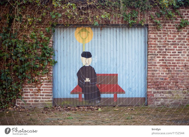Garage door with history Painting and drawing (object) Culture Image Ivy Wall (barrier) Wall (building) Brick wall Sit Exceptional Friendliness Funny Positive