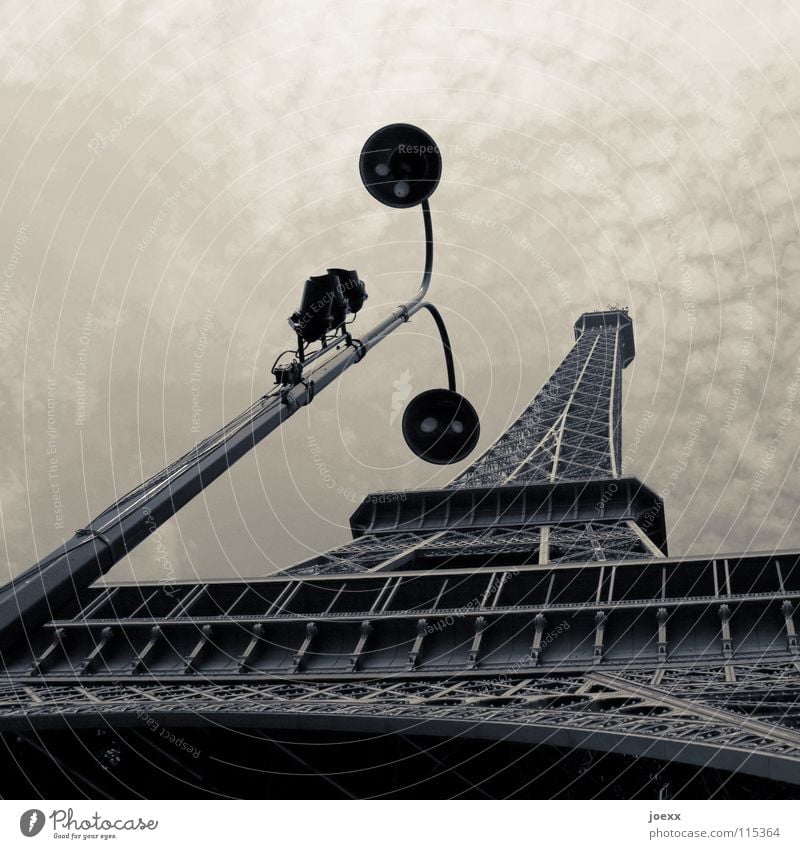 Tragic street lamp Foreign countries Manmade structures Eiffel Tower Unicoloured Iron France Gray Lamp Lantern Paris Street lighting Tourism Surveillance camera