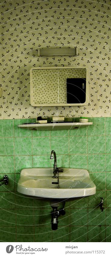What to clean yourself up and...? Sink Mirror Bathroom Rack Toothbrush Lamp Green Pattern Tap Dry Dirty Clean Cleaning Wallpaper Ancient Body care tools Middle