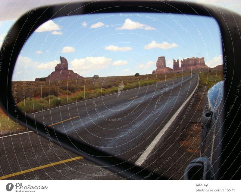 objects in mirror Rear view mirror Arizona Utah USA Earth Sand Desert Car Highway Monument Valley John Ford Country Sky Rock