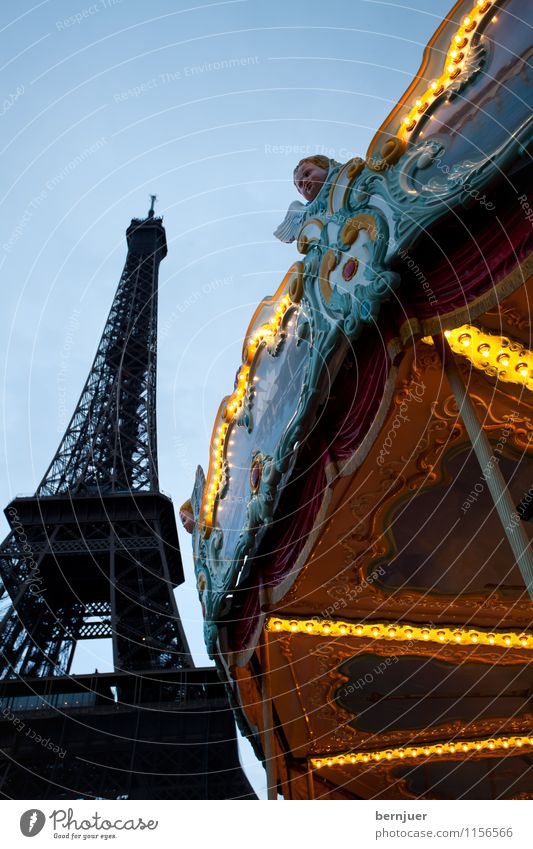Roundandroundandround Playing Vacation & Travel Tourism Sightseeing City trip Eiffel Tower Famousness Blue Yellow Carousel Paris France Summer Town Detail