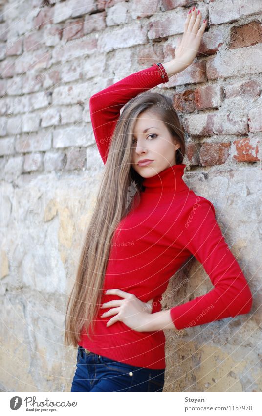 stylish girl / model on wall with red sweater Lifestyle Style Beautiful Young woman Youth (Young adults) Hair and hairstyles 1 Human being 18 - 30 years Adults