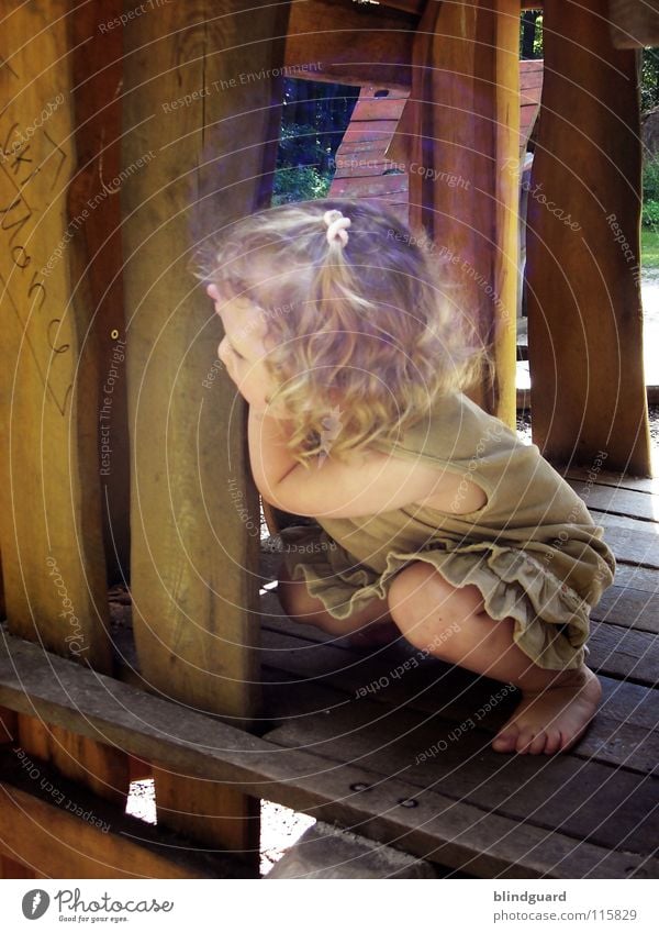 Find Me Yes! Child Blonde Girl Barefoot Dress Wood Search Playground Summer Physics Wooden house Events Playing Children's game Pastime Kindergarten