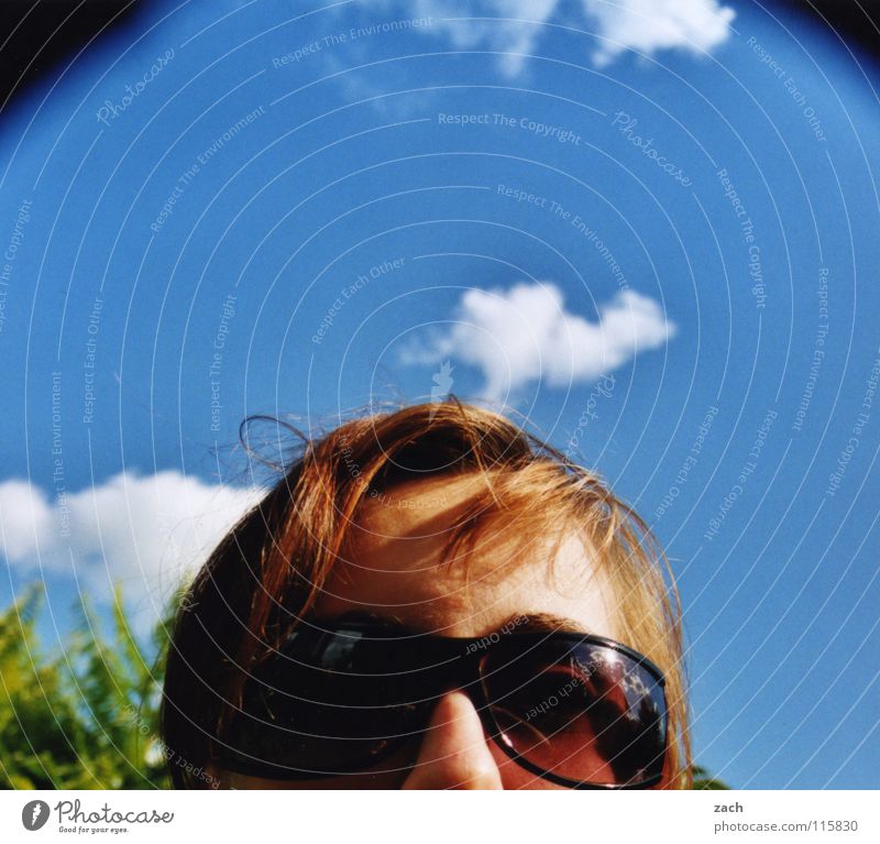 I hate to... Sunglasses Eyeglasses Portrait photograph Clouds Summer Woman Feminine Physics Joy Face Warmth Sky Blue
