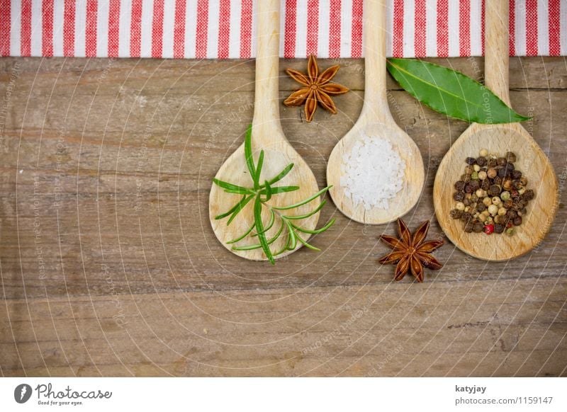 spices Herbs and spices Pepper Wooden spoon Peppercorn Rosemary Cooking sea salt Star aniseed Kitchen Ingredients Country house Table Wooden table Near Close-up