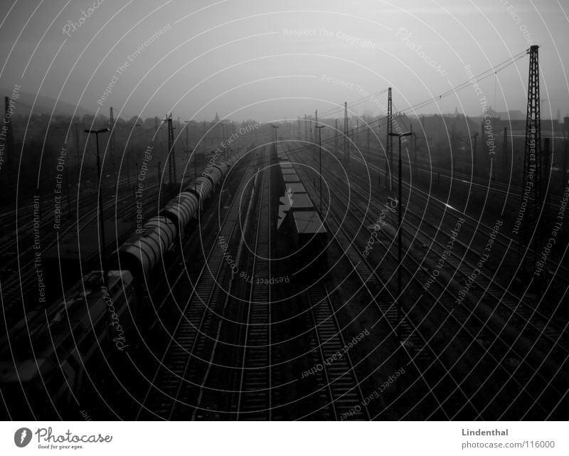 yard Railroad Freight station Railroad tracks Lamp Dark Gloomy Transport Logistics Train station train Goods Line Container Loneliness Industrial Photography