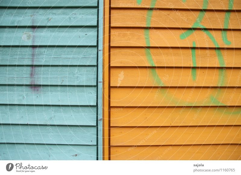FR UT | blue | orange Hut Barn Storage shed Wooden wall Blue Orange Wooden board Painted Characters Colour photo Multicoloured Exterior shot Deserted