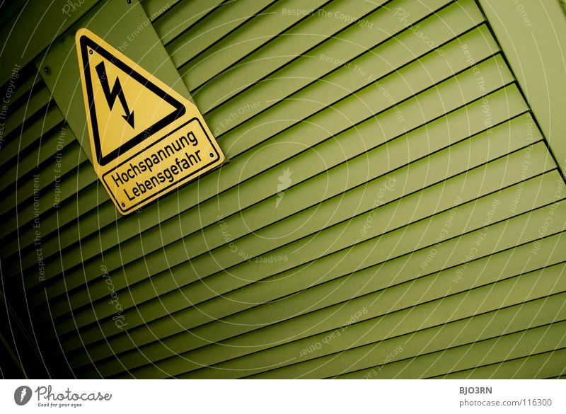 under current Electricity Green Landscape format Graphic Wide angle Lightning Inscription Electronic Dangerous Signage Danger of Life Symbols and metaphors